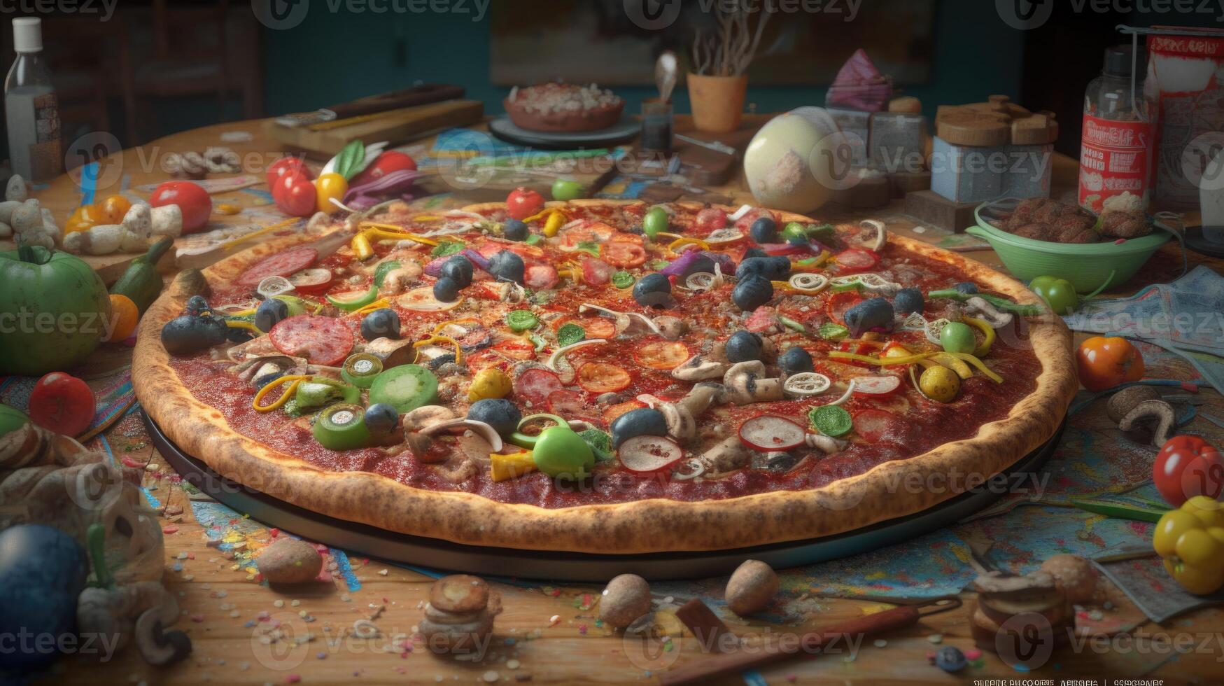 Succulent mushroom, olive, and tomato pizza displayed on rustic wooden table, perfect Italian meal photo