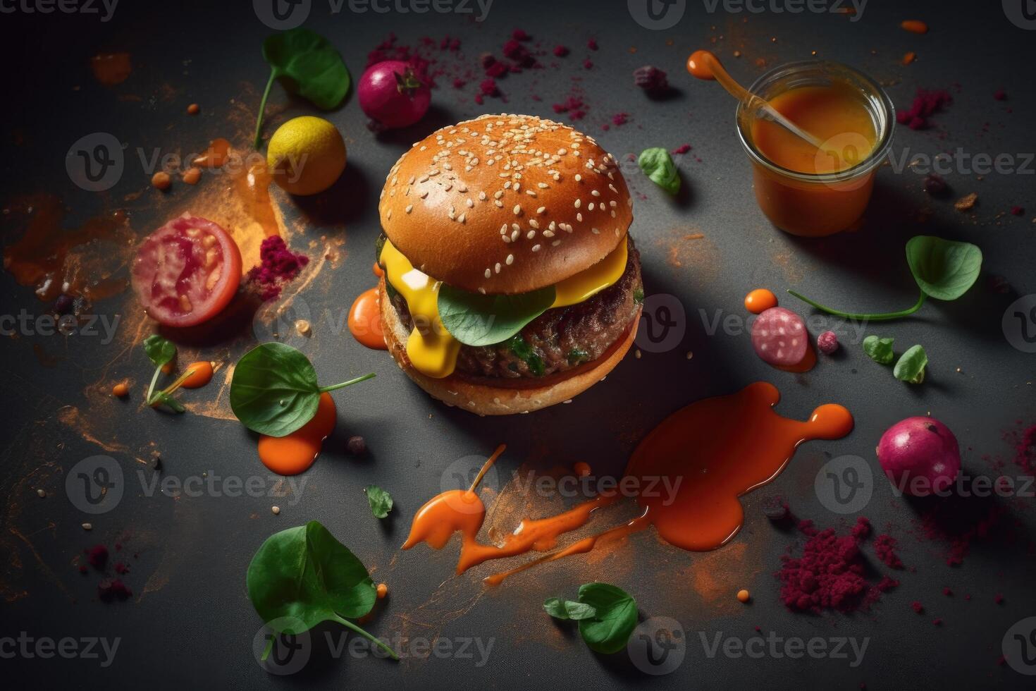 Tantalizing Toned Hamburger, Veggie Delight and Sauce, Striking Black Setting photo