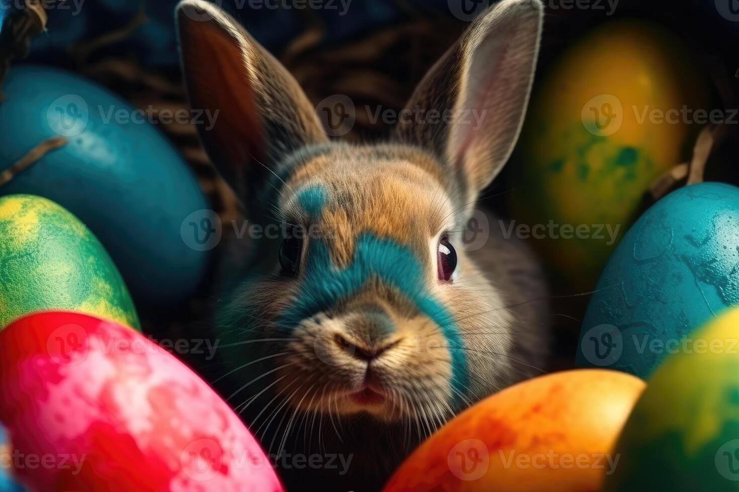 Easter Bunny and Colorful Easter Eggs Background. Digital Painting. photo