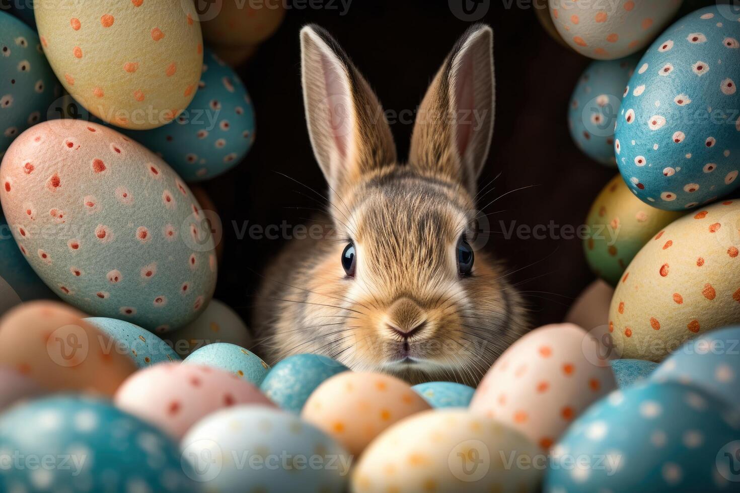 Easter Bunny and Colorful Easter Eggs Background. Digital Painting. photo