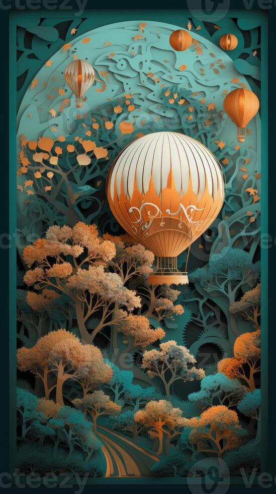 a paper art with hot air balloon flying with trees and deer in the sky, in the style of dark turquoise and light orange, wallpaper, multilayered dimensions, luxurious wall hangings. photo