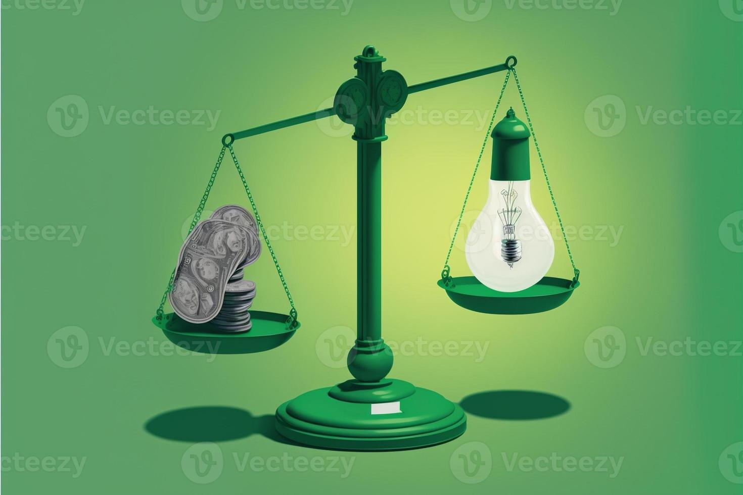 Scales with light bulb on one side and money on the other, concept of ideas and innovation, background. Digital illustration. AI photo