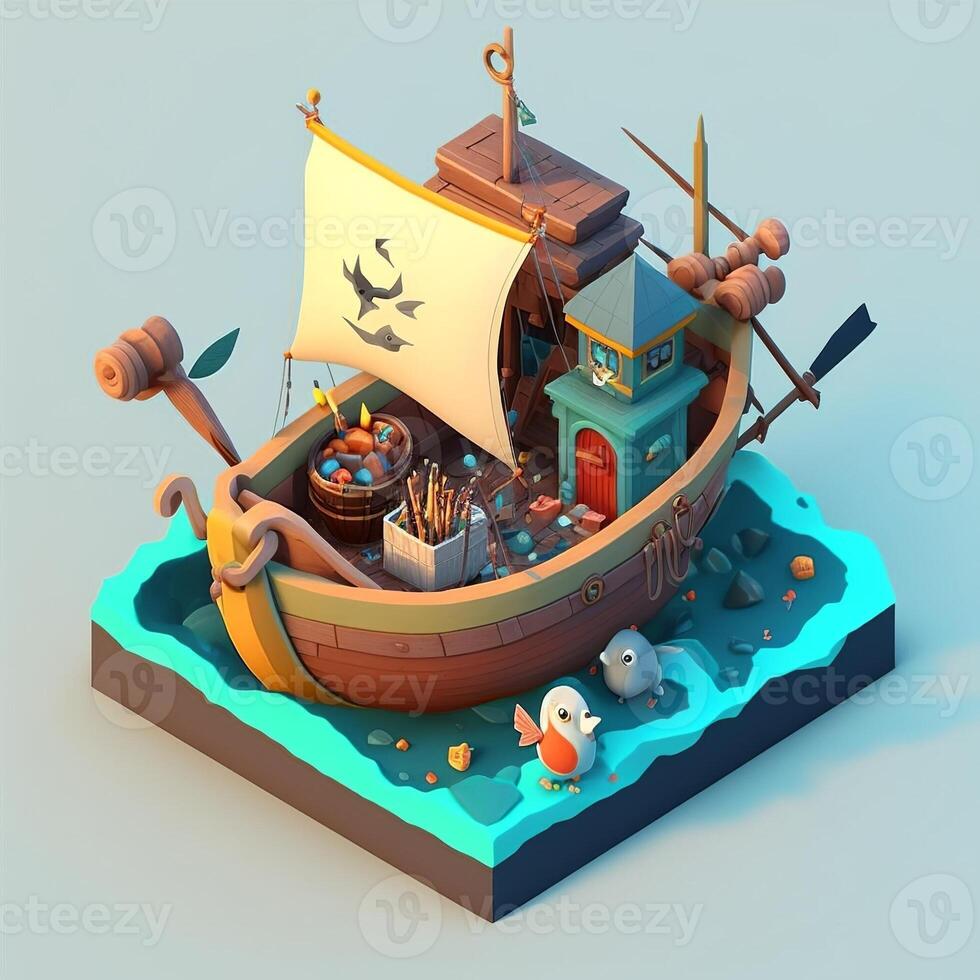 3d scenery with fishing boat. photo