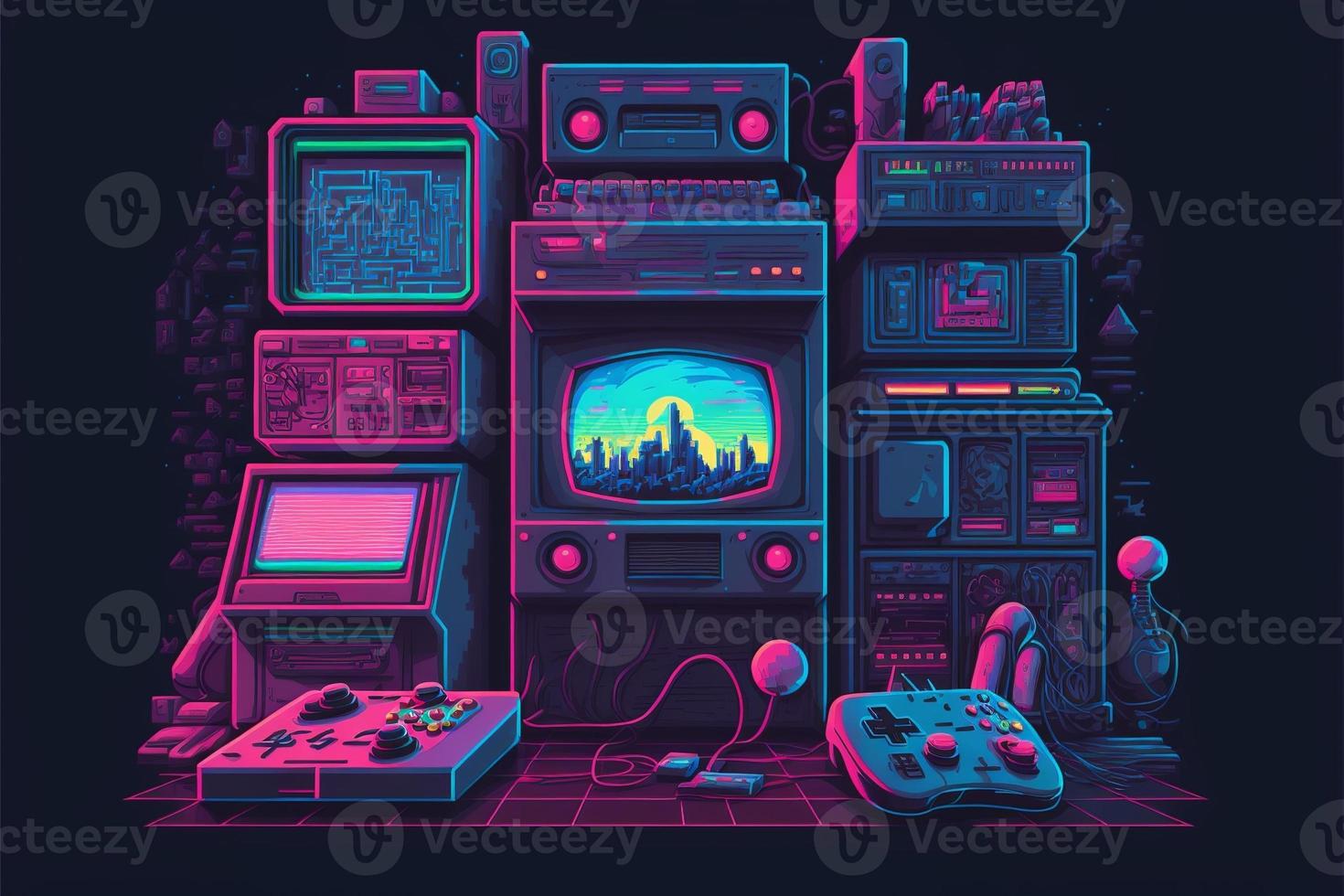 Old video game console with landscape in the background, 16 bit pixel art. Digital illustration. AI photo