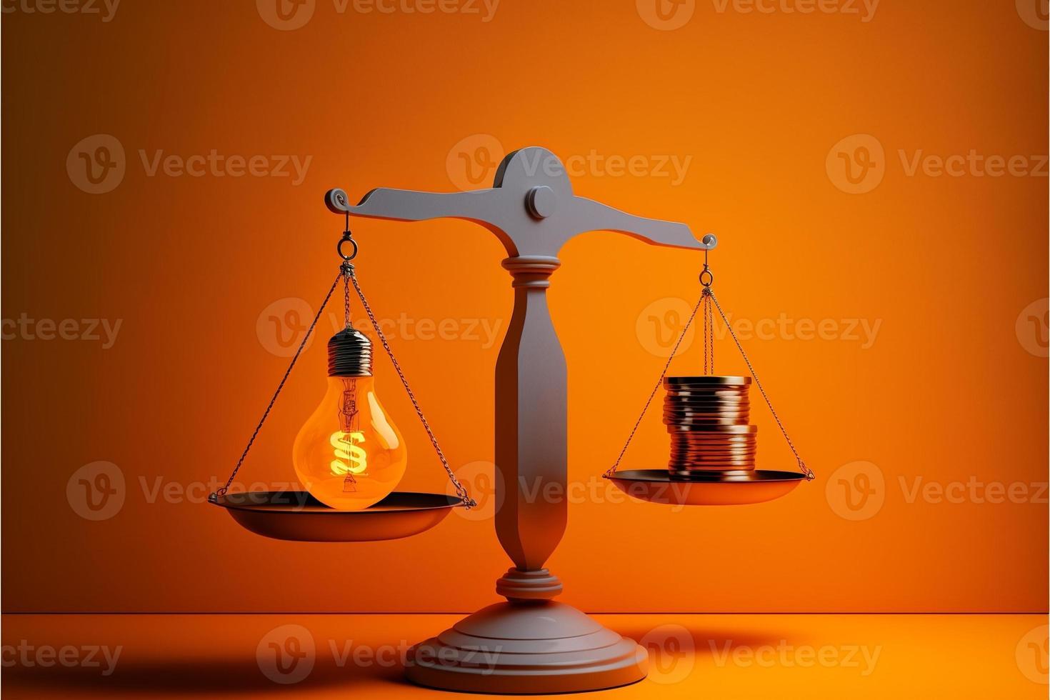 Scales with light bulb on one side and money on the other, concept of ideas and innovation, background. Digital illustration. AI photo