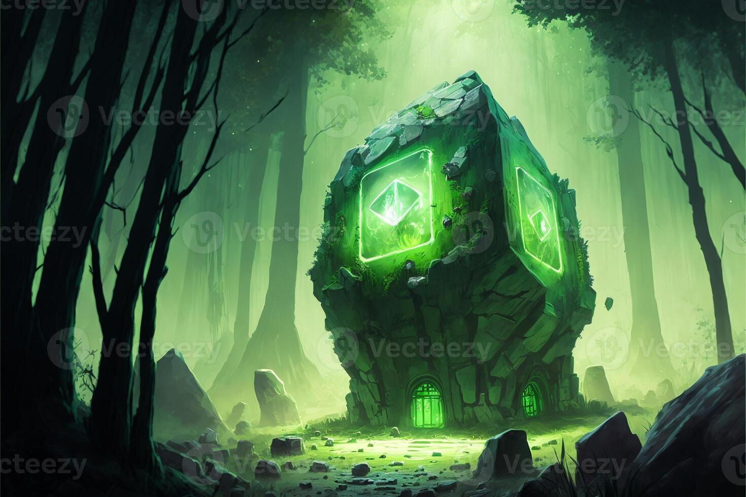 Green crystal temple in the middle in the forest, green fog. photo