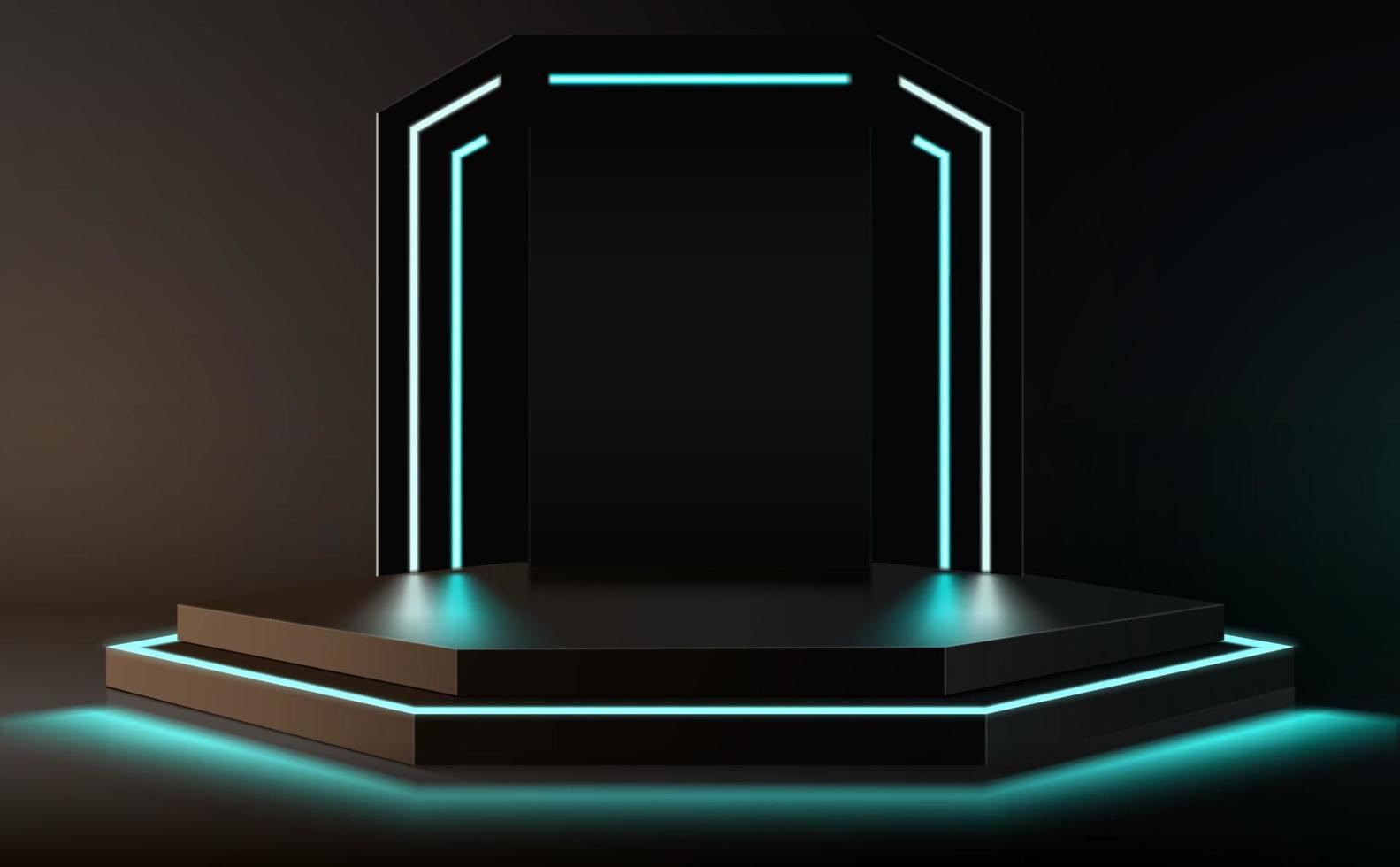 Product display black podium stage with neon dark studio. Vector illustration