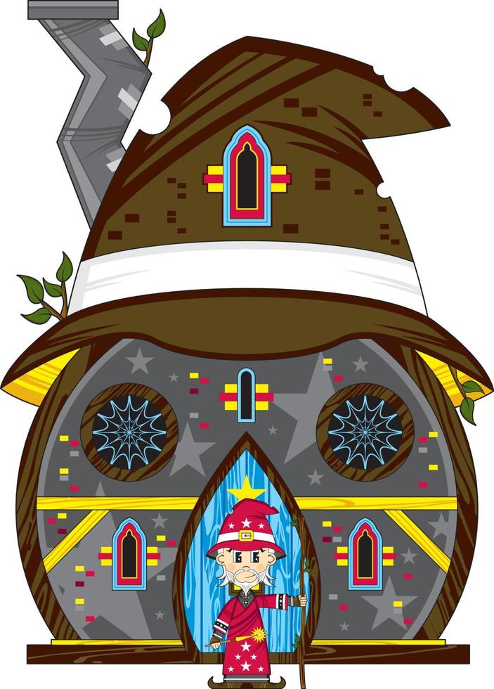 Cute Cartoon Magical Wizard Outside the Hat House Illustration vector