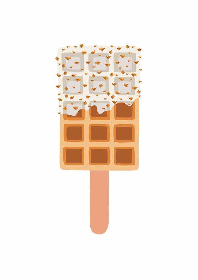 Dessert food vector illustration of golden brown homemade corn dog on a stick with white chocolate and nuts.