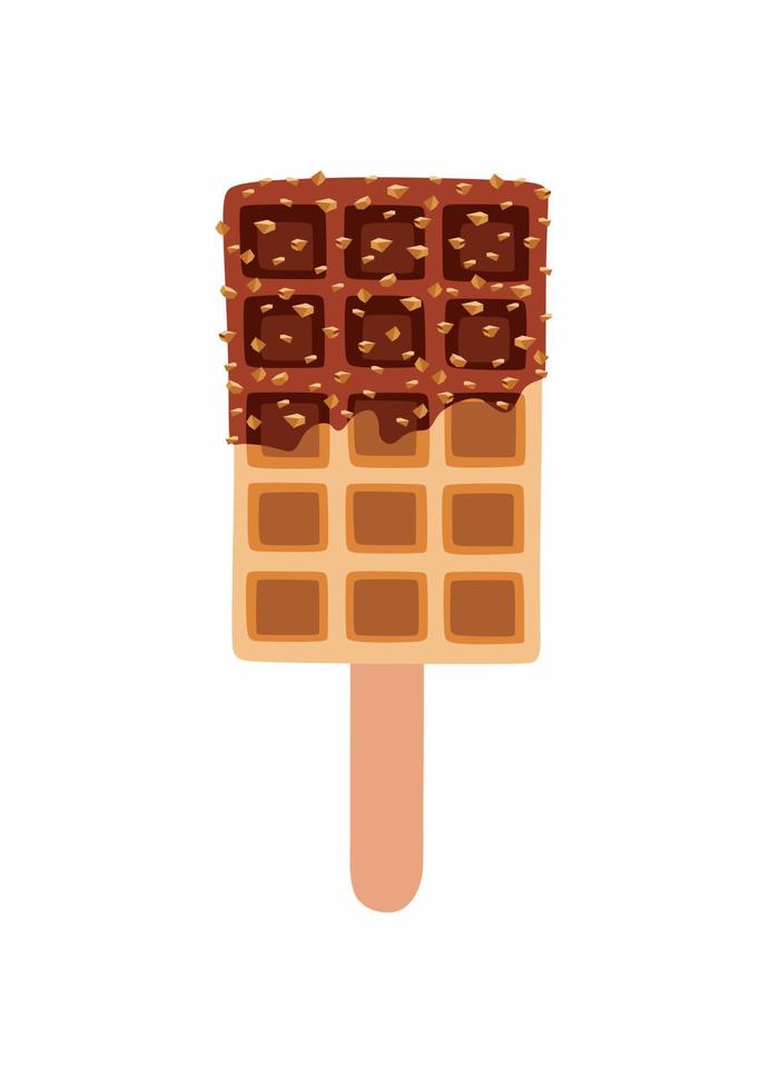 Dessert food vector illustration of golden brown homemade corn dog on a stick with dark chocolate and nuts.