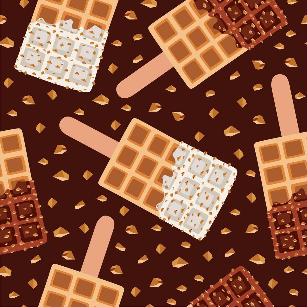 Dessert food, vector seamless pattern of golden brown homemade corn dog on a stick with nuts and chocolate.