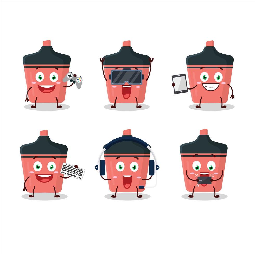 Pink highlighter cartoon character are playing games with various cute emoticons vector