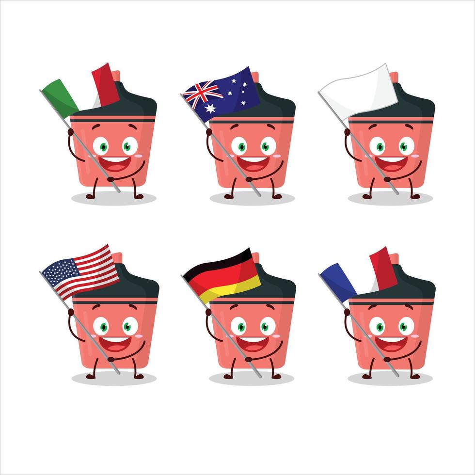 Pink highlighter cartoon character bring the flags of various countries vector