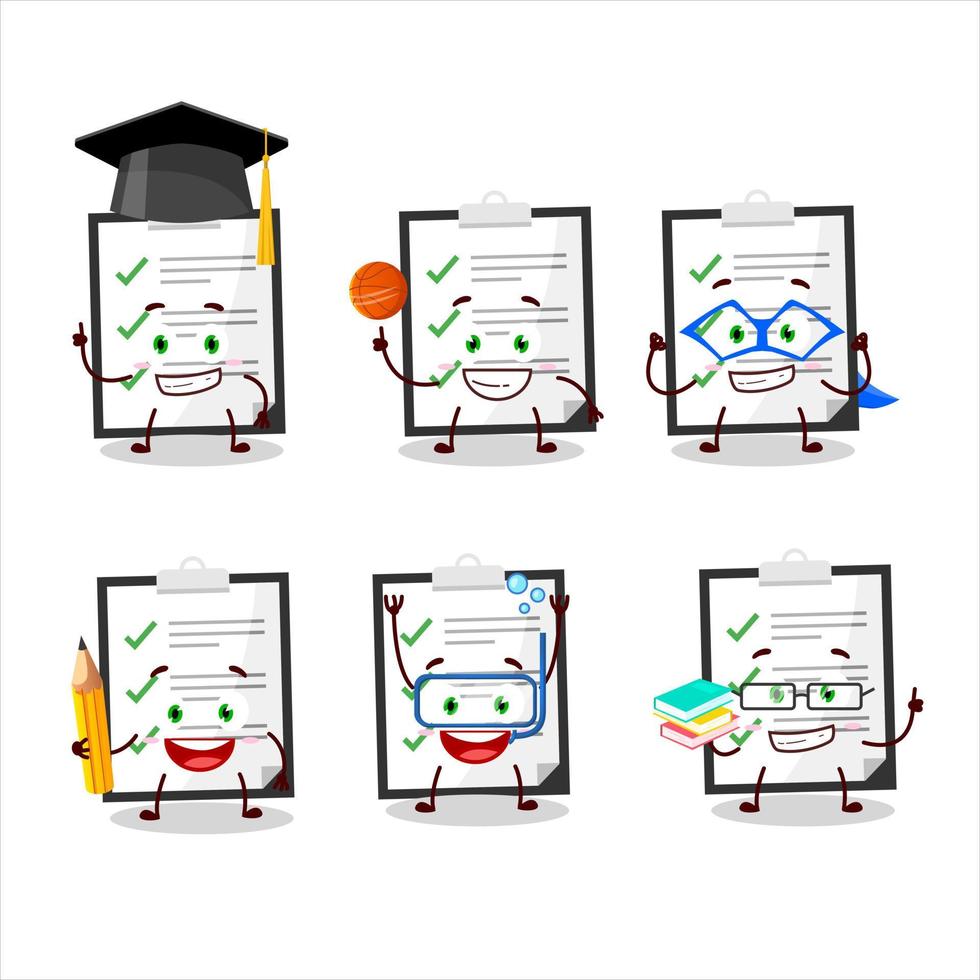 colegio estudiante de portapapeles con Lista de Verificación dibujos animados personaje con varios expresiones vector