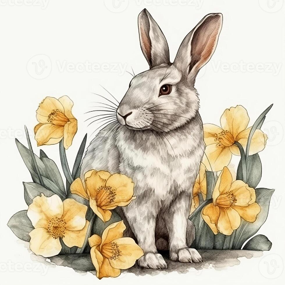 rabbit sitting in yellow narcissus flowers watercolor illustration photo