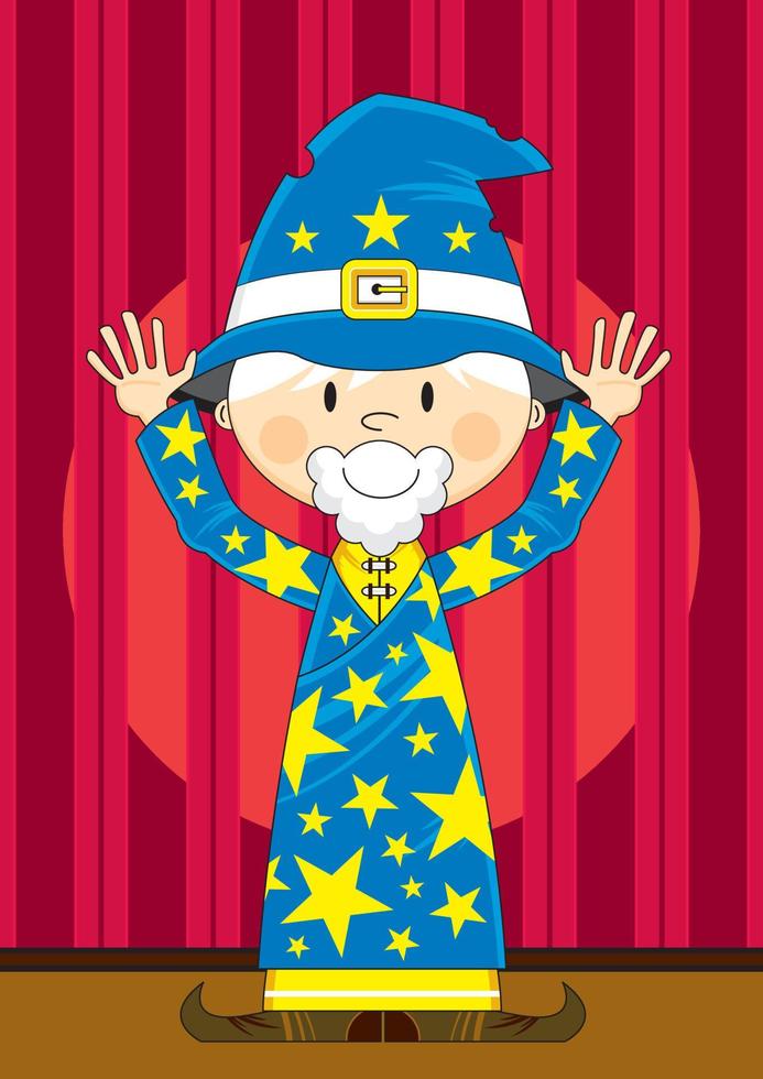 Cute Cartoon Magical Wizard with Hands Raised Illustration vector
