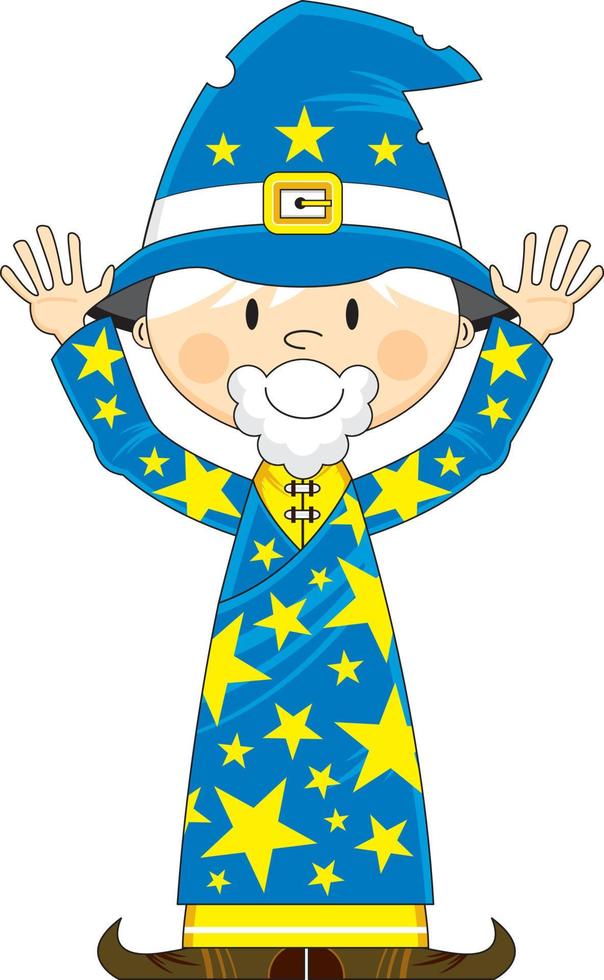 Cute Cartoon Magical Wizard with Hands Raised Illustration vector