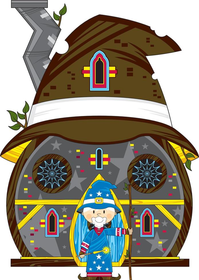 Cute Cartoon Magical Wizard Outside the Hat House Illustration vector