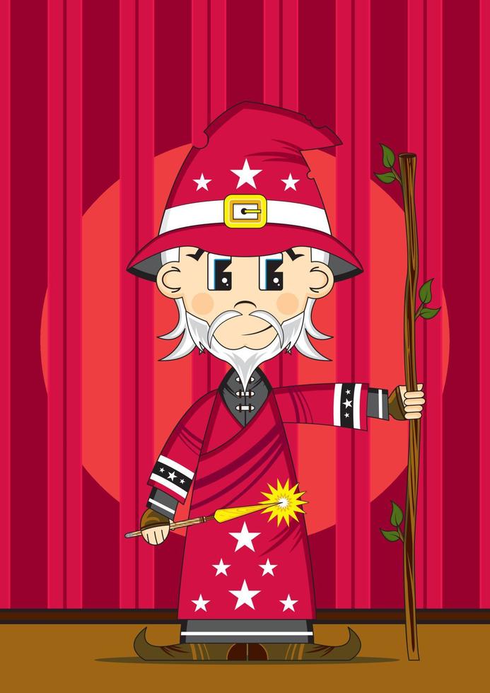 Cute Cartoon Magical Wizard with Wand Illustration vector
