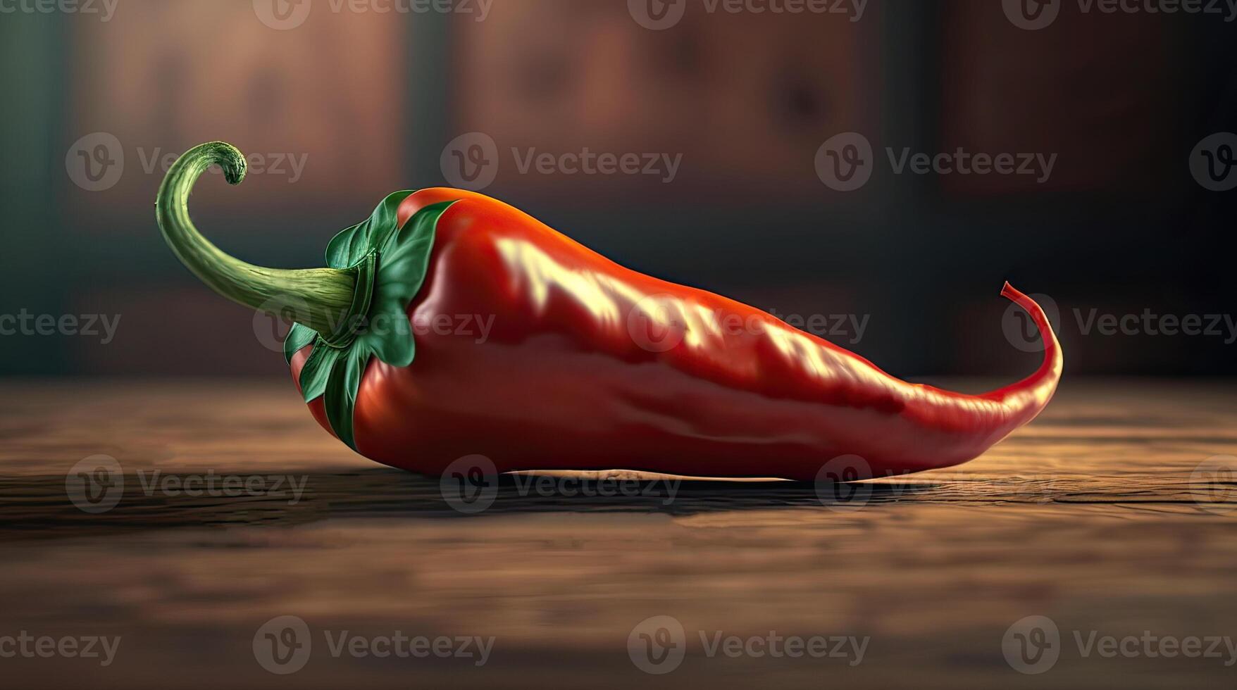 Pod of red chili pepper with green stalk, a spicy seasoning for oriental dishes on a dark background. . photo