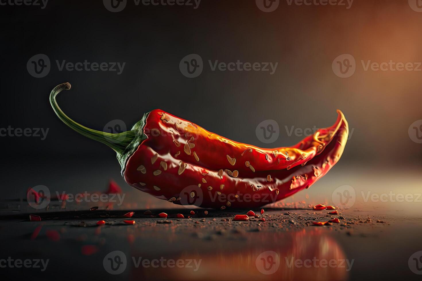 Pod of red chili pepper with green stalk, a spicy seasoning for oriental dishes on a dark background. . photo