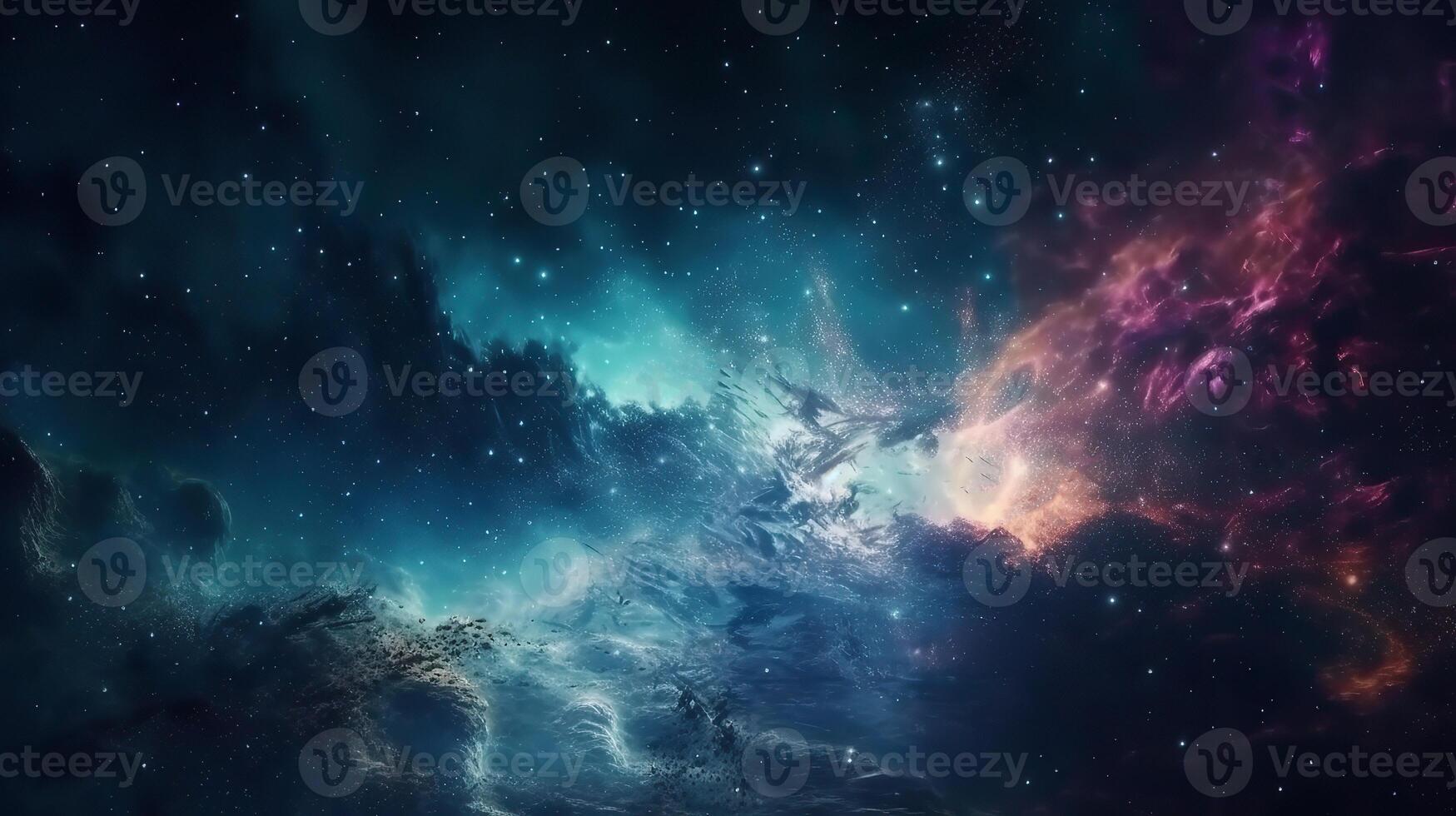 SuperHumanEpoch: Cinematic Still, intense space battle between two massive  battleships, starry sky, nebulae, galaxies, HDR futuristic space battleship  destroyers traveling through an asteroid field, planer in the isolated  blurred background