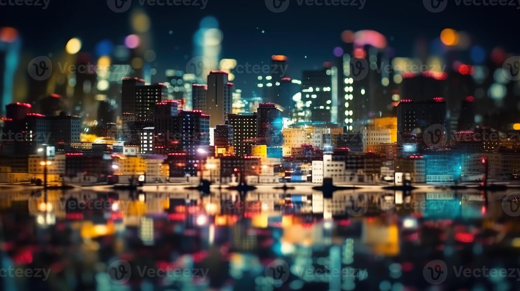 desenfocado luces en ciudad. el bokeh ligero desde edificio y noche ciudad. paisaje urbano generativo ai. foto