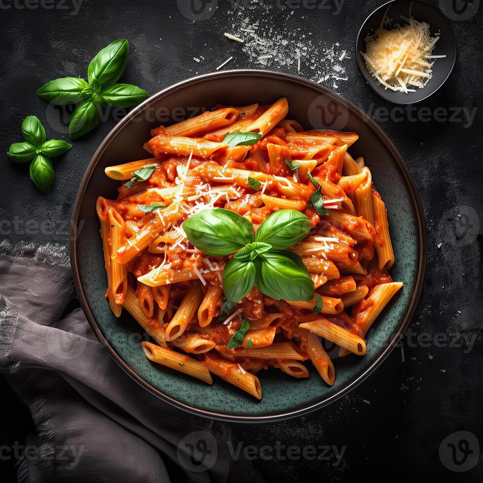 Classic italian pasta penne alla arrabiata with basil and freshly parmesan cheese on dark table. Penne pasta with sauce. Top view. . photo