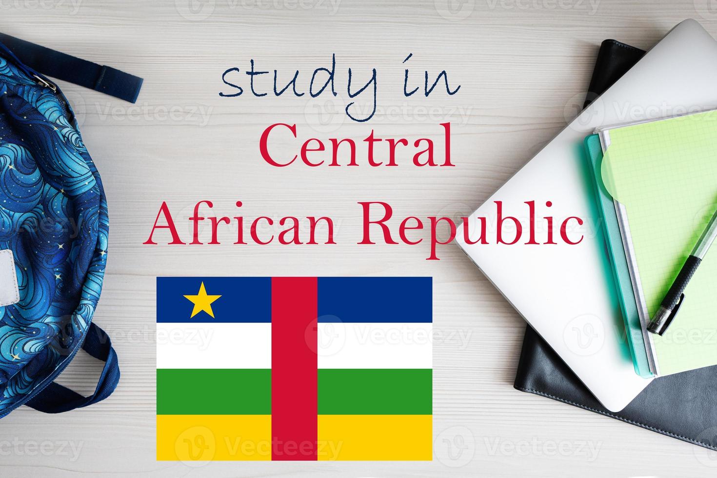 Study in Central African Republic. Background with notepad, laptop and backpack. Education concept. photo