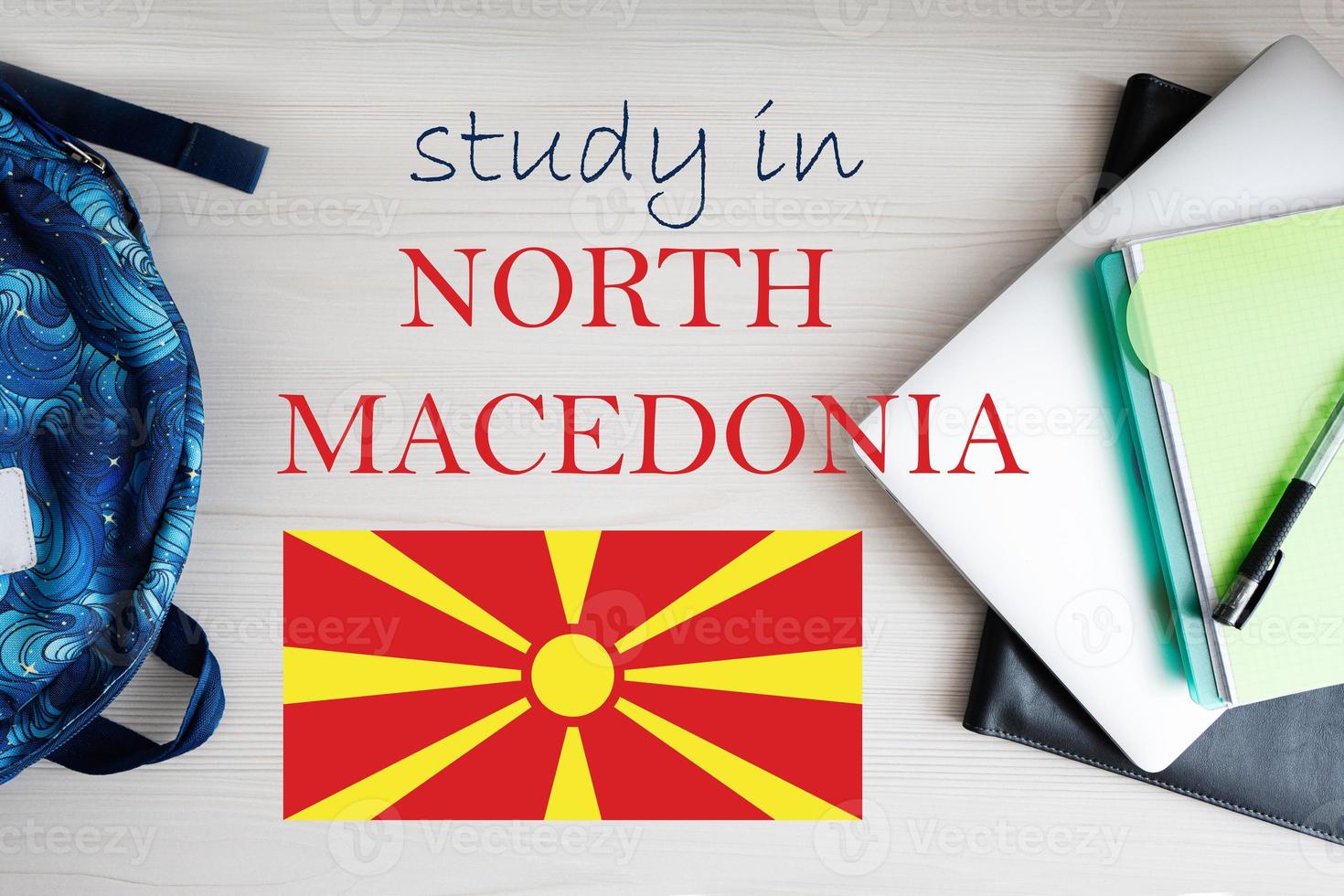 Study in North Macedonia. Background with notepad, laptop and backpack. Education concept. photo