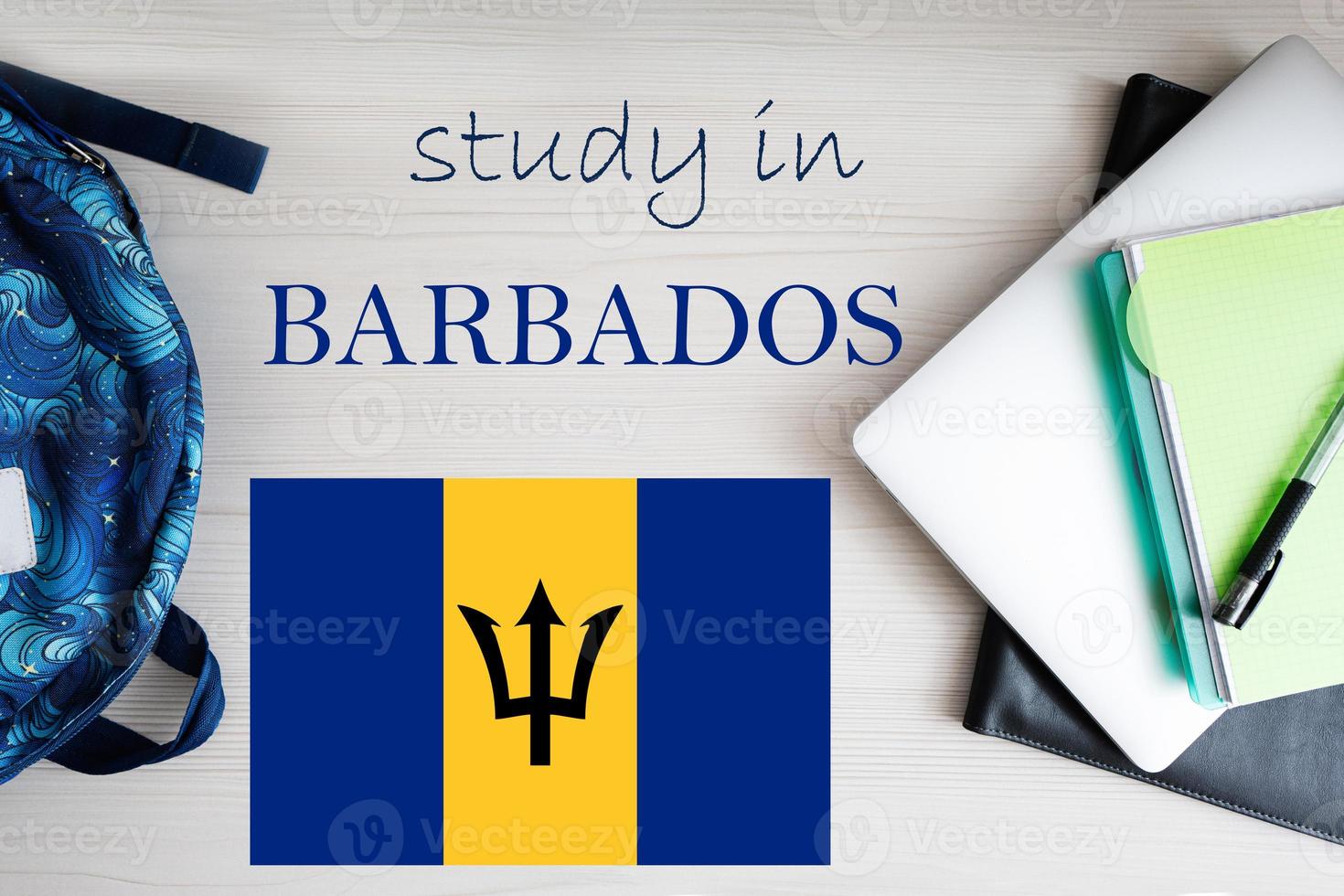 Study in Barbados. Background with notepad, laptop and backpack. Education concept. photo