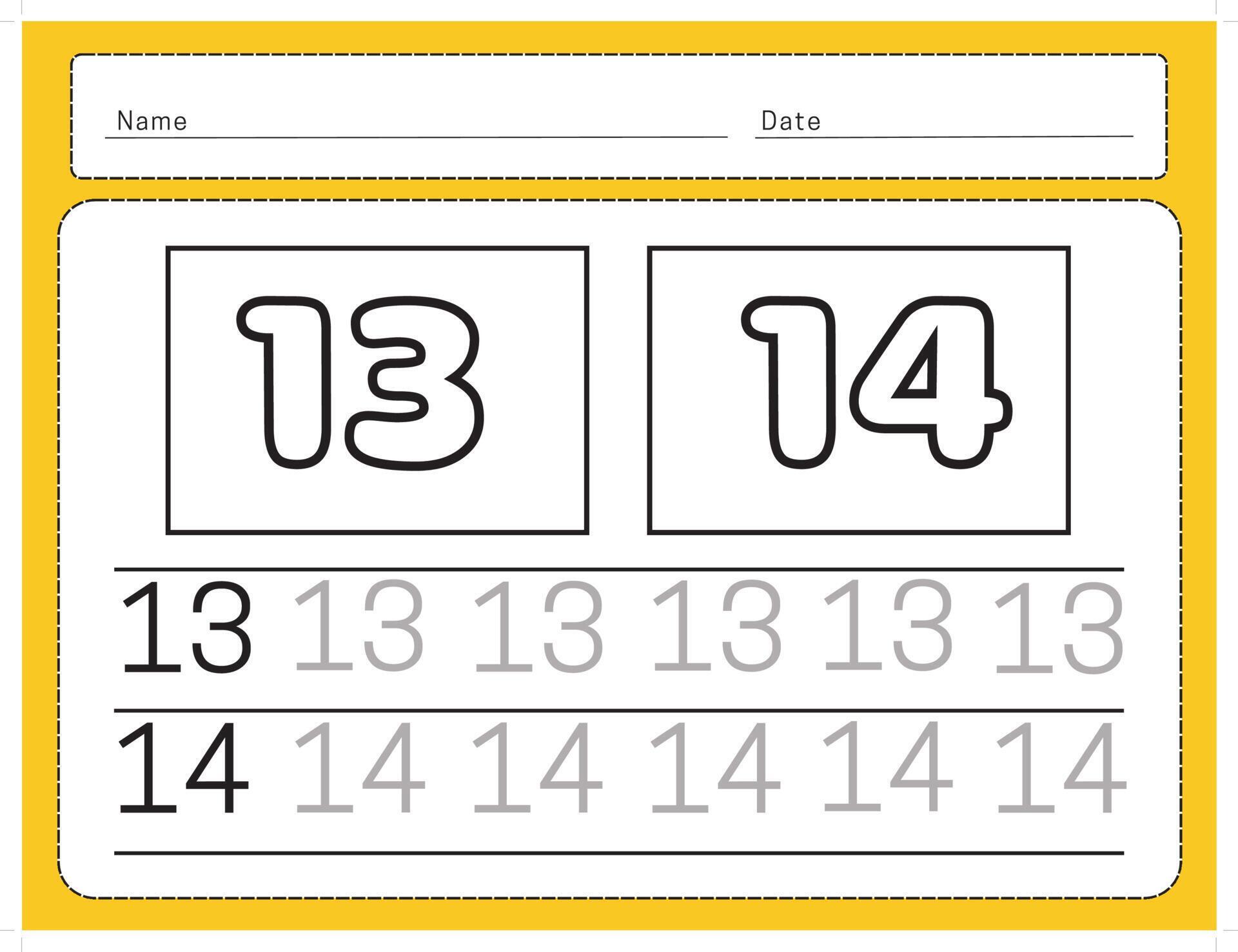 Number 13, 14 tracing practice worksheet with for kids learning to