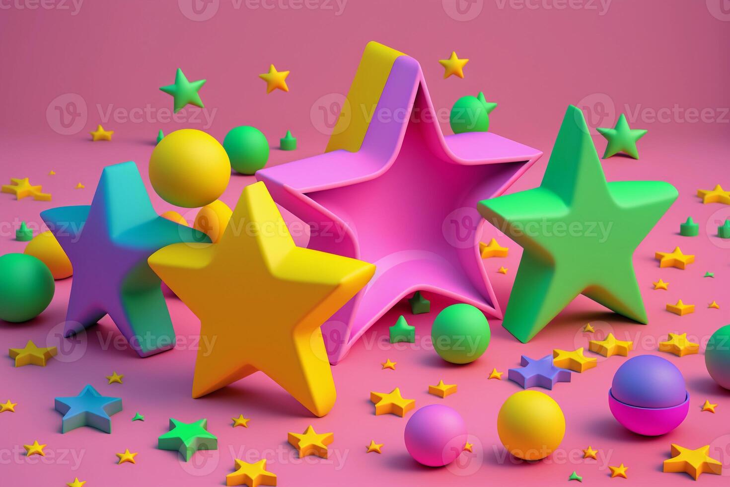 plastic multi-colored stars on a pink background. photo