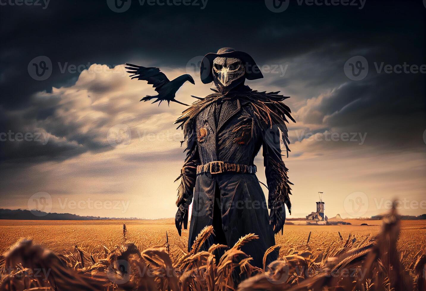 a terrible scarecrow guards the wheat field. photo