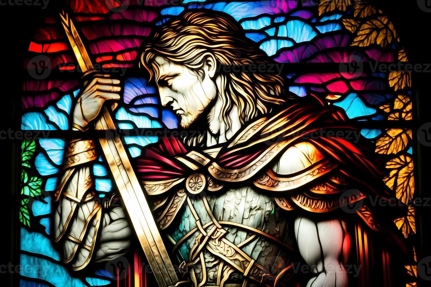 colorful stained glass window of a warrior in a church. photo