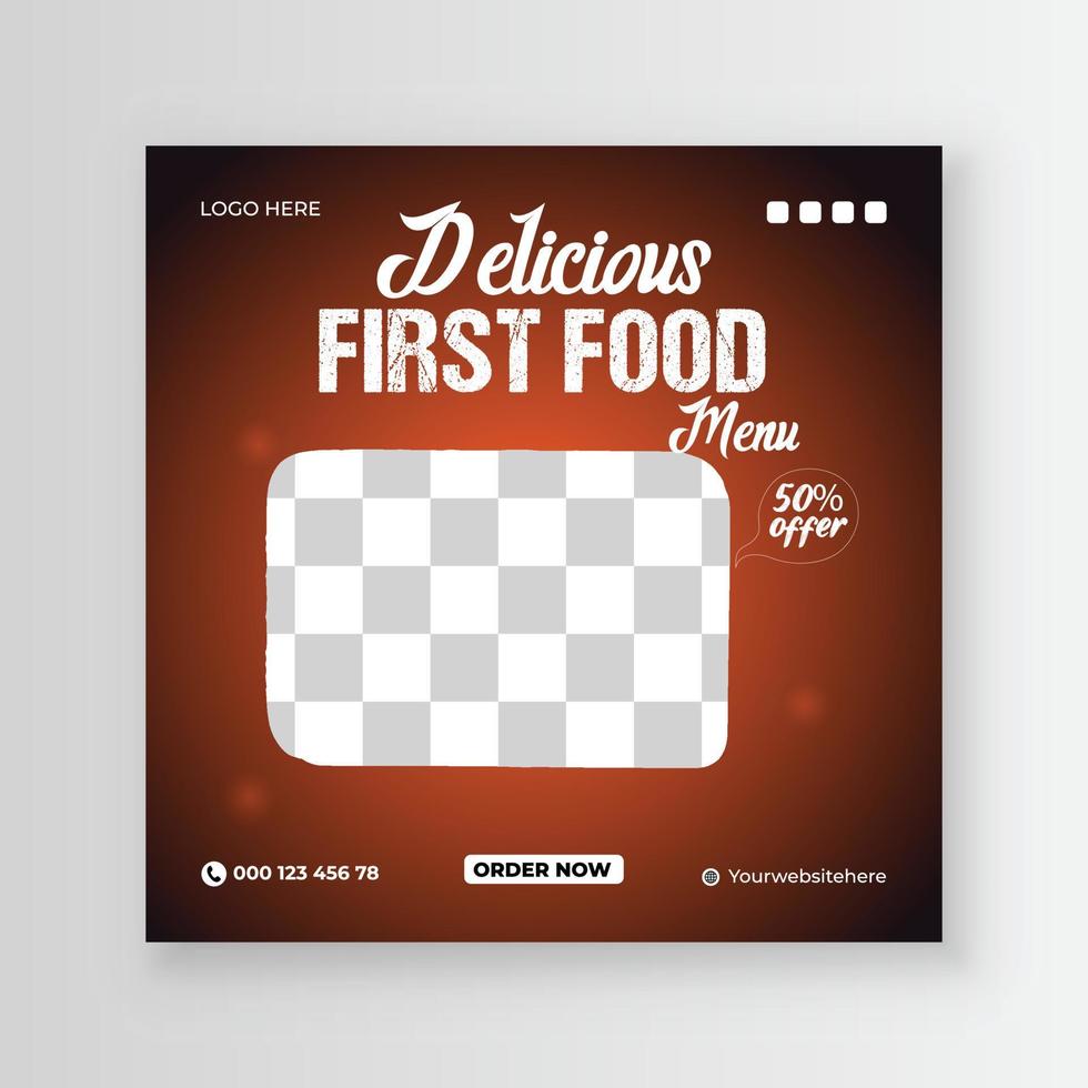 Delicious burger and first food menu social media post design within Fresh food menu vector