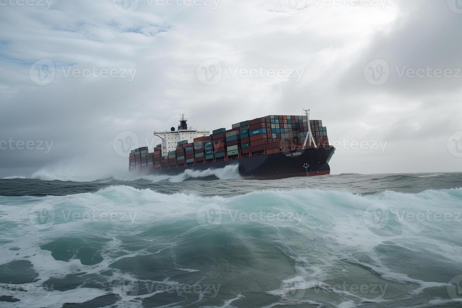 Wrecked cargo ship with conatiners in stormy sea with large waves. photo