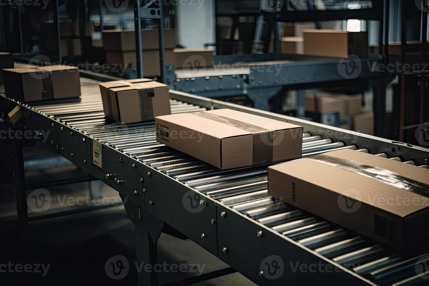 Automatic production line, conveyor belt with boxes. photo