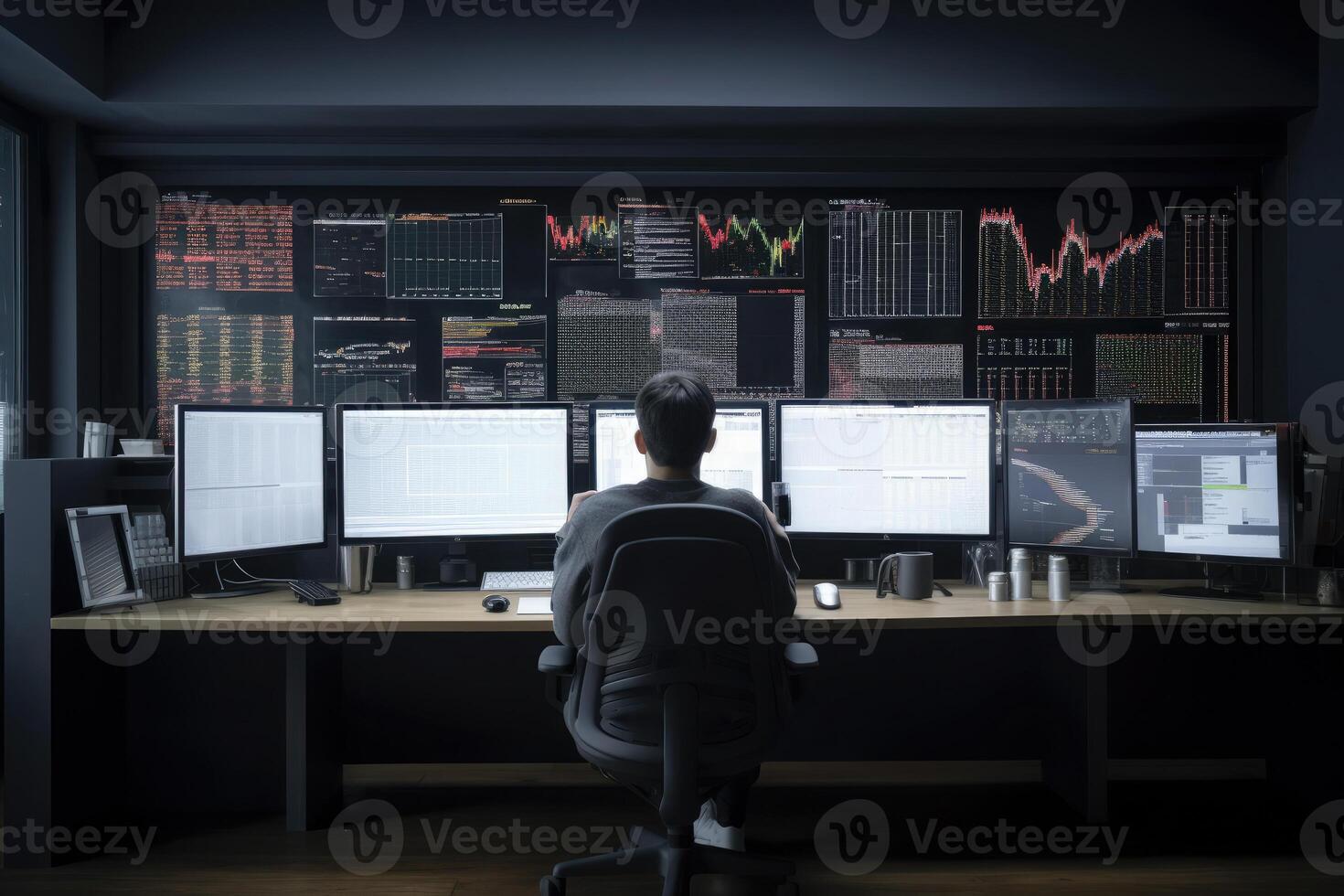 Trader at workplace analising stock exchange graphs. photo