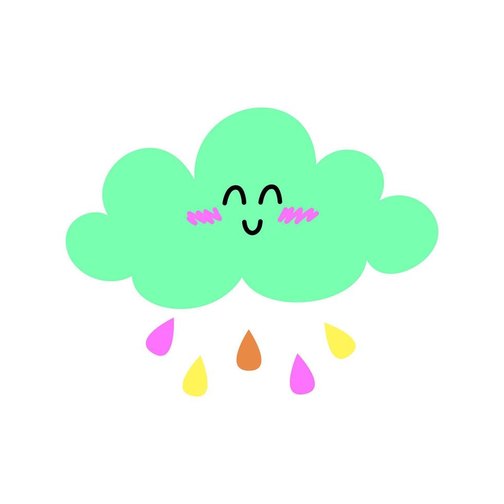 linda sonriente nube con vistoso lluvia gotas. niños vector ilustración