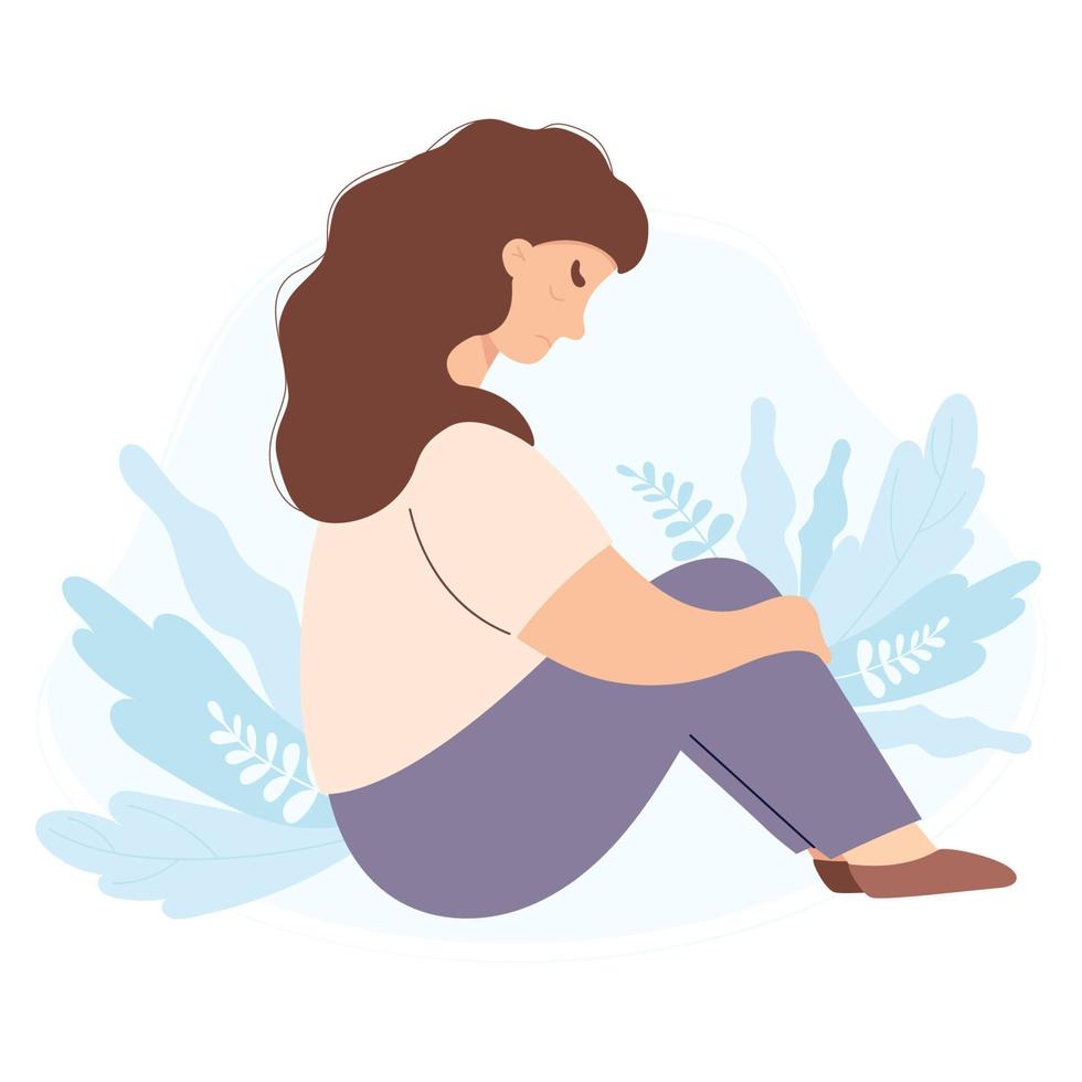 Sad lonely unhappy woman sits and hugs her knees. Concept of person trapped in bottom due to stress and depression. Vector illustration in flat style.