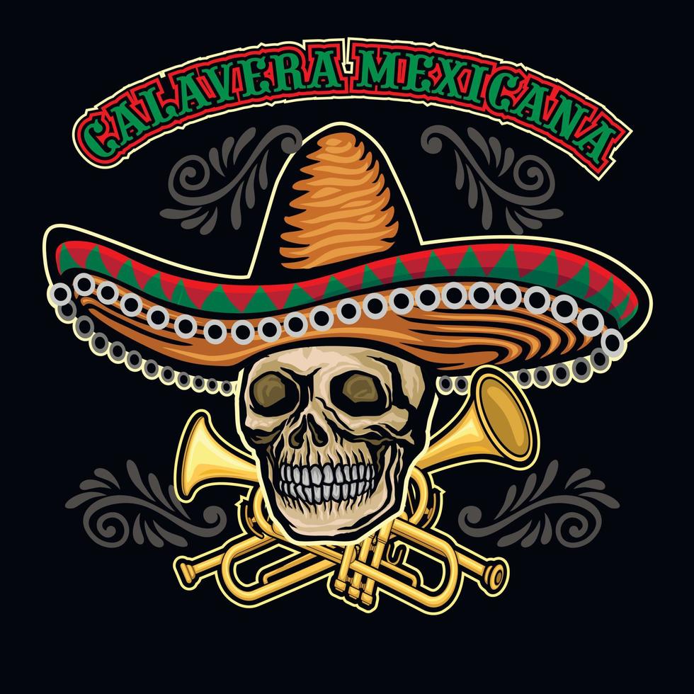 skull in sombrero with trumpet, grunge vintage design t shirts vector