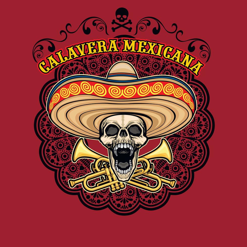 skull in sombrero with trumpet, grunge vintage design t shirts vector