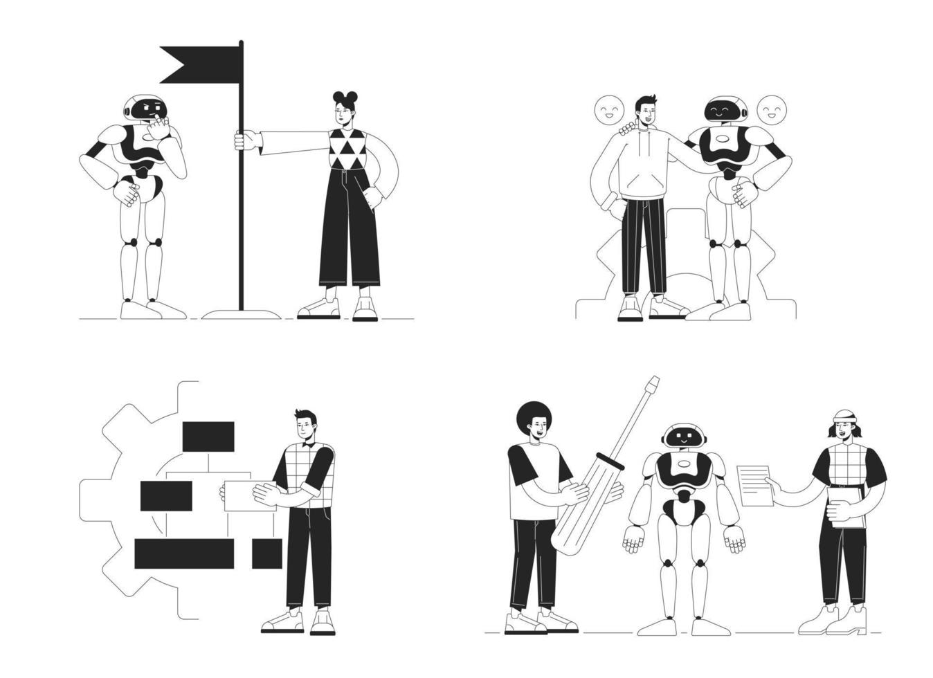 Develop artificial intelligence technologies black and white concept vector spot illustration pack. Editable 2D flat monochrome cartoon characters for web design. Line art ideas for website, mobile