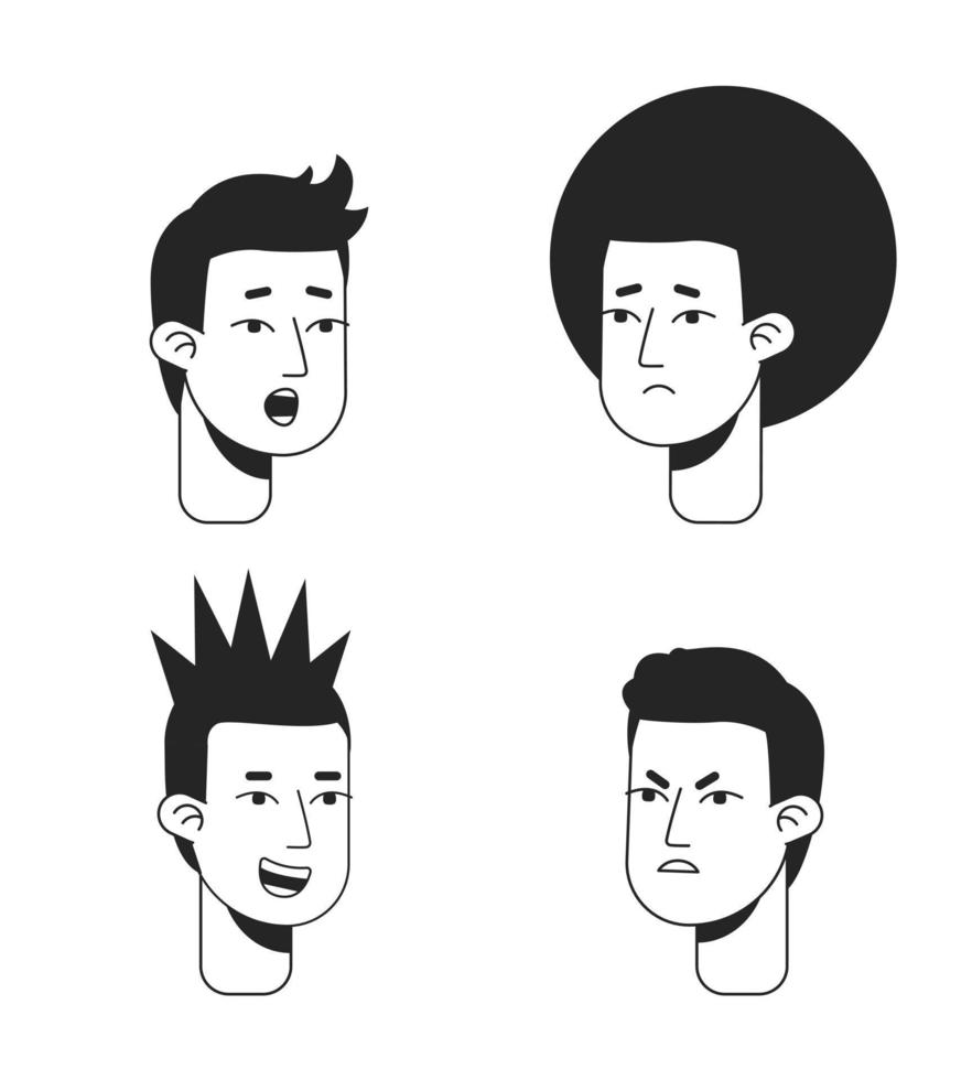 Young men expressing different emotions monochromatic flat vector character faces pack. Black white avatar icons. Editable cartoon user portraits. Hand drawn spot illustrations for web graphic design
