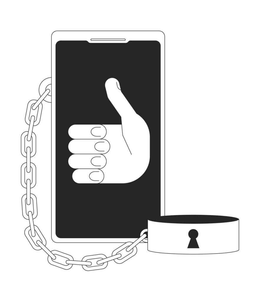 Smartphone with thumb up and handcuff black and white concept vector spot illustration. Editable 2D flat monochrome cartoon object for web design. Addict line art idea for website, mobile, blog