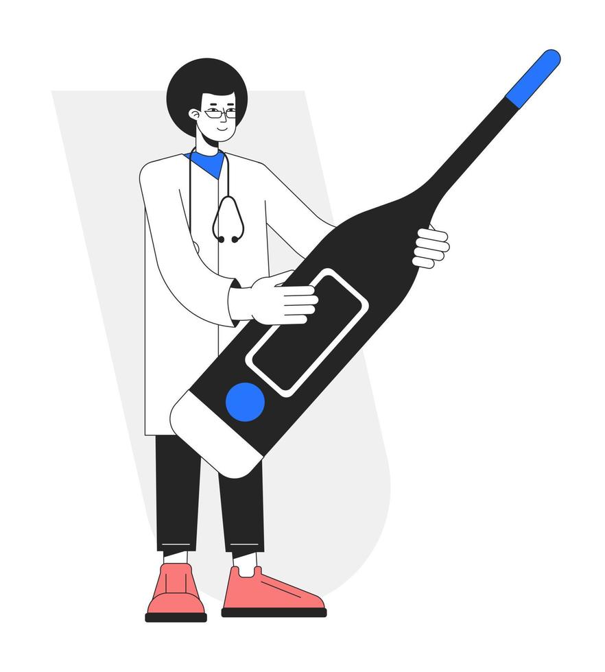 Physician with digital thermometer for fever flat line concept vector spot illustration. Doc 2D cartoon character on white for web UI design. Editable hero image for website landings, mobile headers