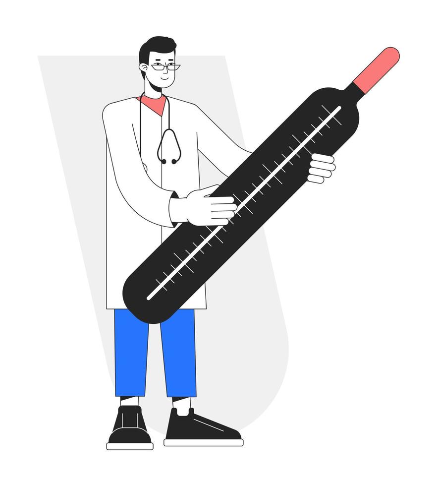 Taking temperature flat line concept vector spot illustration. Doctor with mercury thermometer 2D cartoon character on white for web UI design. Editable hero image for website landings, mobile headers
