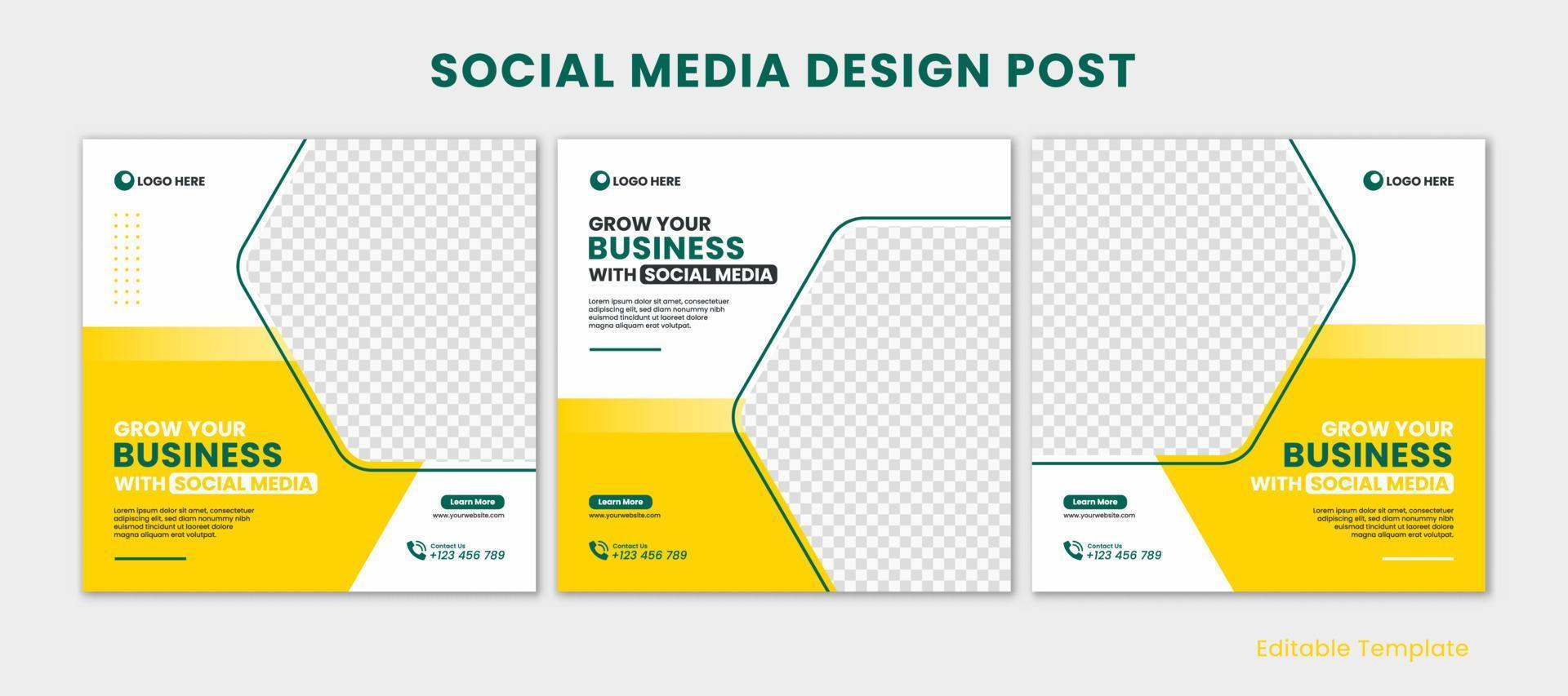 Set of Editable Template Social Media Design Post whit Hexagon Shape and Yellow Green Color Theme. Suitable Post, Sale Banner, Ads, Promotions, Product, Business, School, Company, Travel vector