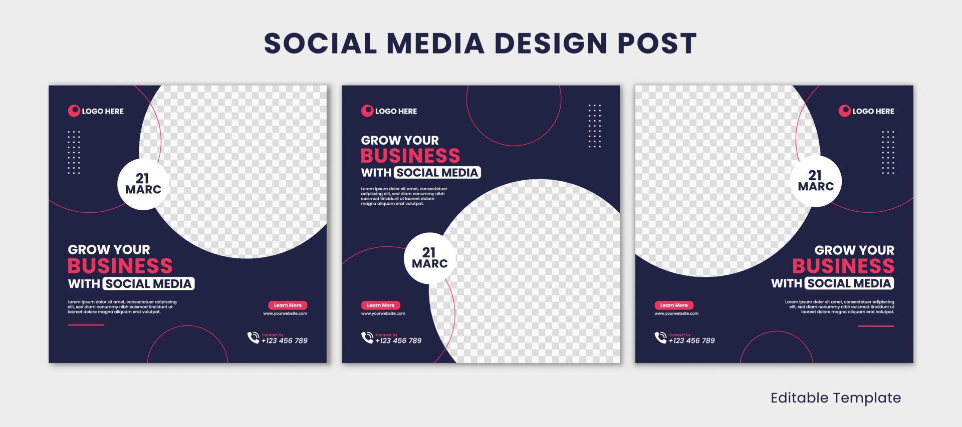 Set of Editable Social Media Post Design Template with Rounded shape and Navy pink color theme. Suitable for Poster, Sale Banner, Ads, Advertisement, Promotion, Business, Company, Corporate vector